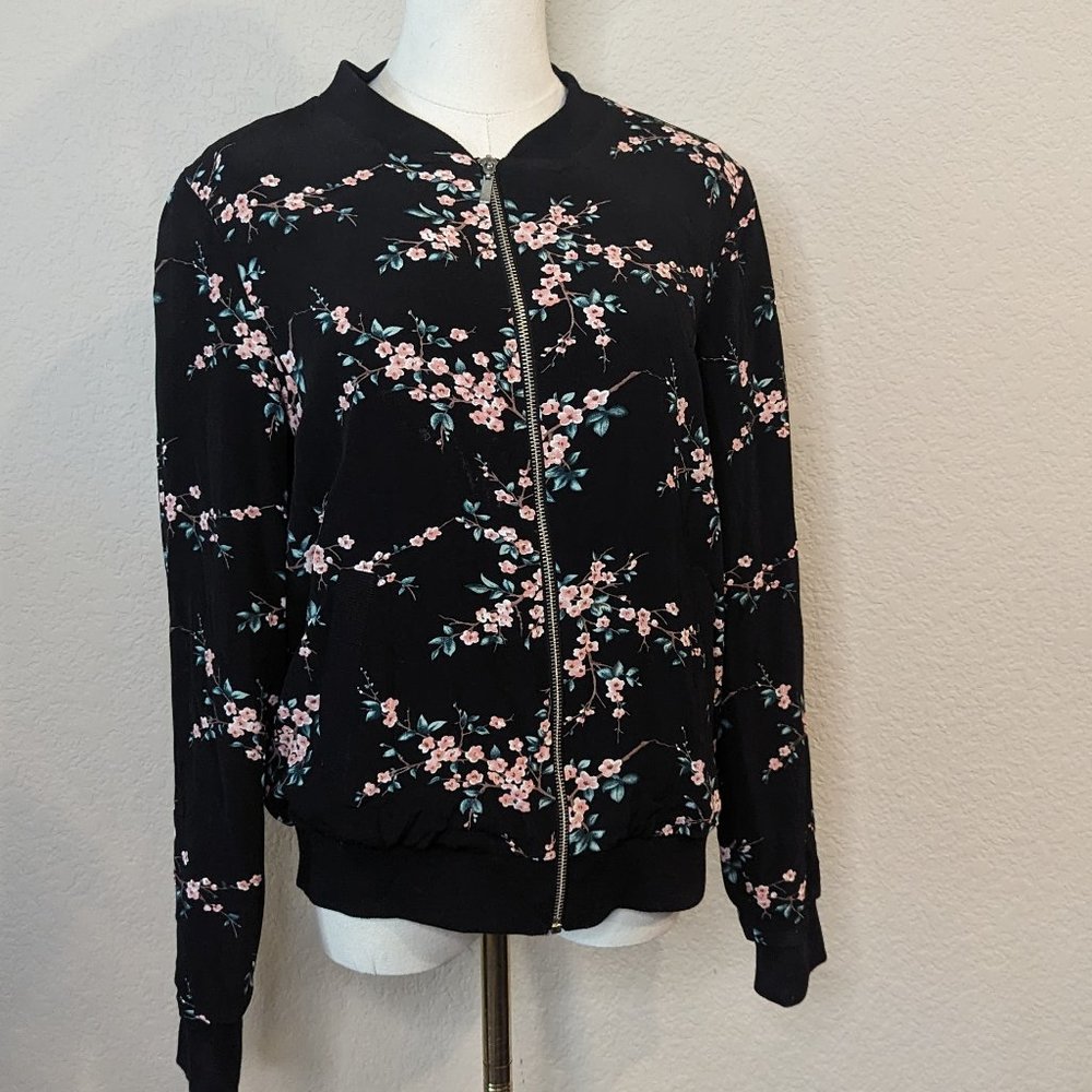 Lila Rose Floral Cherry Blossom Black Bomber Jacket Zip Up Front Pockets Size L
